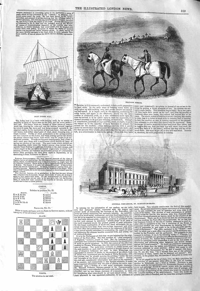 Old Antique Print 1843 Sail Boat Training Horse Post Office Martins-Grand 19th