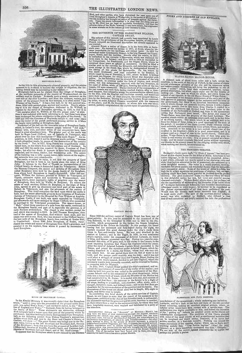 Original Old Antique Print 1843 Brougham Hall Captain Bruat Water-Eaton 19th