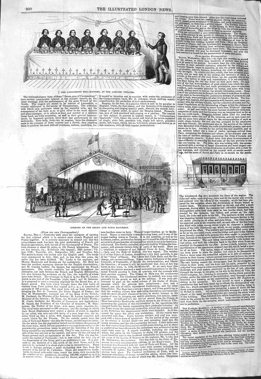 Original Old Antique Print 1843 Bell Ringers Adelphi Theatre Rouen Paris R 19th