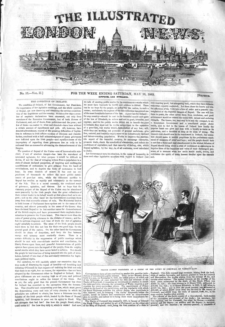 Original Old Antique Print 1843 Prince Albert Court Duchy Cornwall Victorian