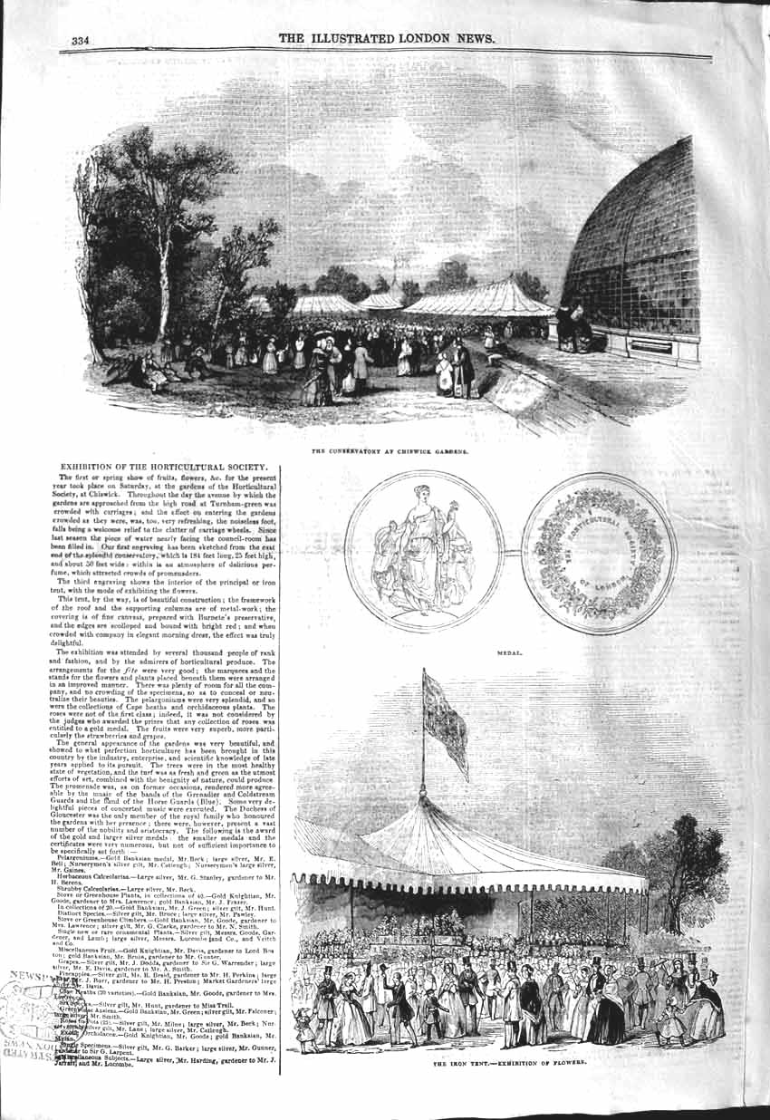 Original Old Antique Print 1843 Conservatory Chiswick Gardens Iron Tent Medal