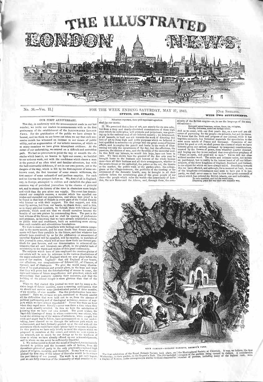 Old Antique Print 1843 Rock Garden Botanic Gardens Regent'S Park London 19th