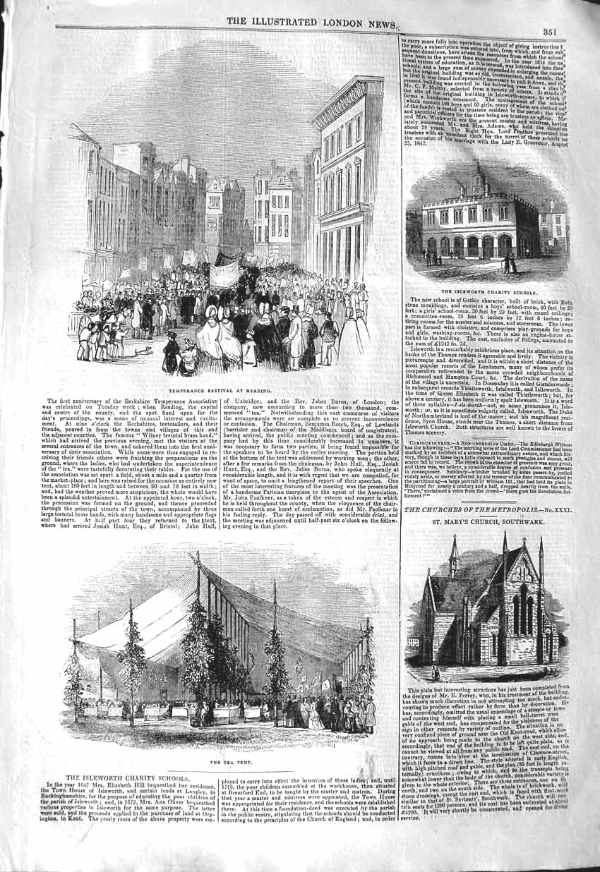Old Antique Print 1843 Temperance Reading Isleworth School Mary'S Church 19th