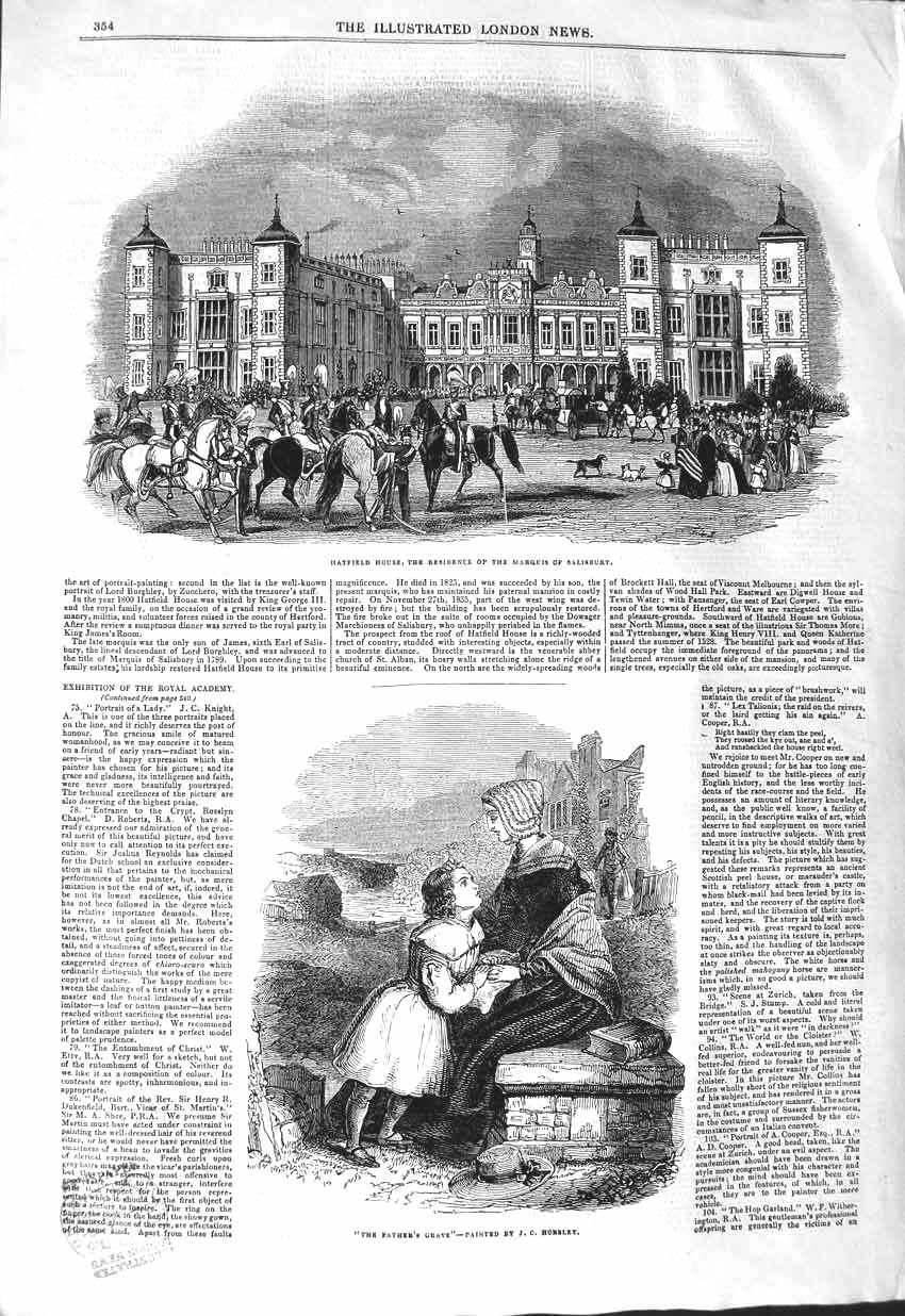 Old Antique Print 1843 Hatfield House Marquis Salisbury Little Girl Grave 19th
