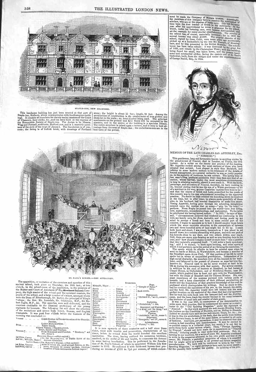 Original Old Antique Print 1843 Staple-Inn Chambers Paul'S School Charles A 19th