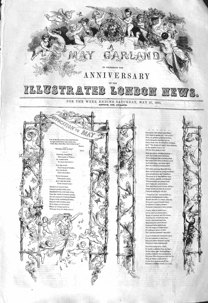 Old Antique Print 1843 May Garland Anniversary Music Forest Days Maypole 19th