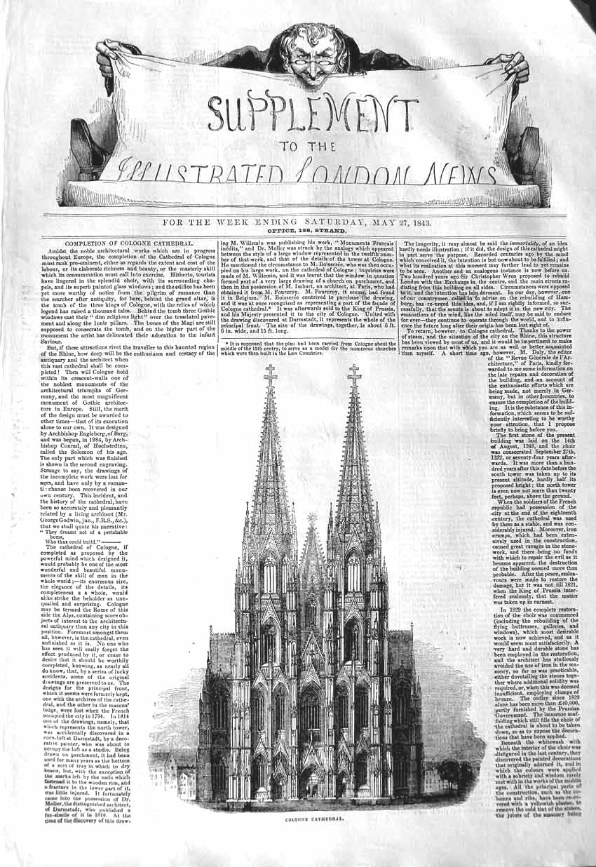 Original Old Antique Print 1843 Exterior Cologne Cathedral Archi 19th