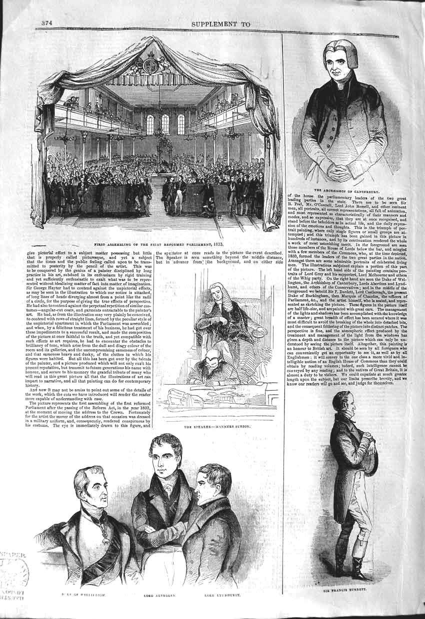 Original Old Antique Print 1843 Archbishop Canterbury Parliament Lord Aberdeen