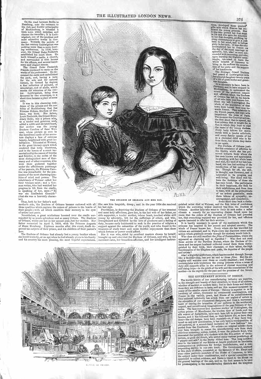 Old Antique Print 1843 Duchess Orleans Son School Design Lord Wharncliffe 19th