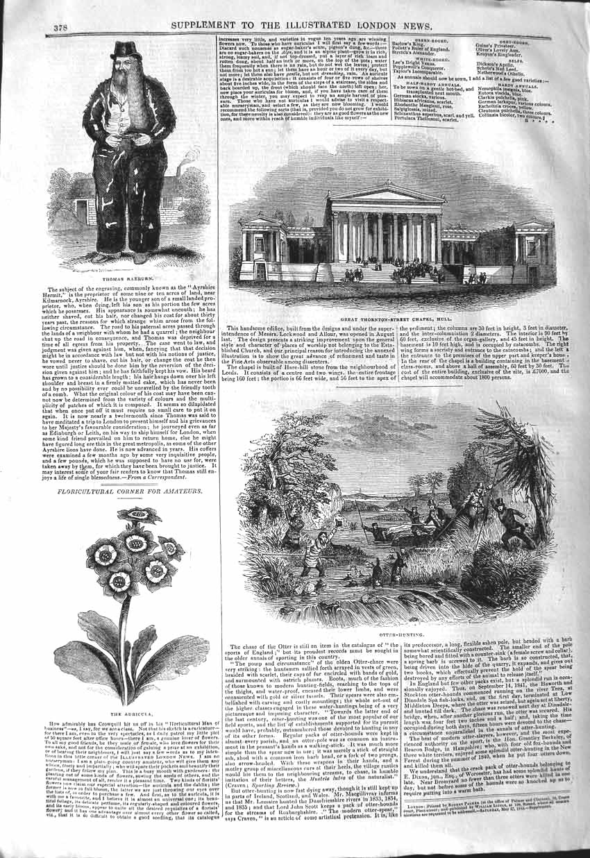 Old Antique Print 1843 Thomas Raeburn Thornton-Street Chapel Otter Hunt 19th