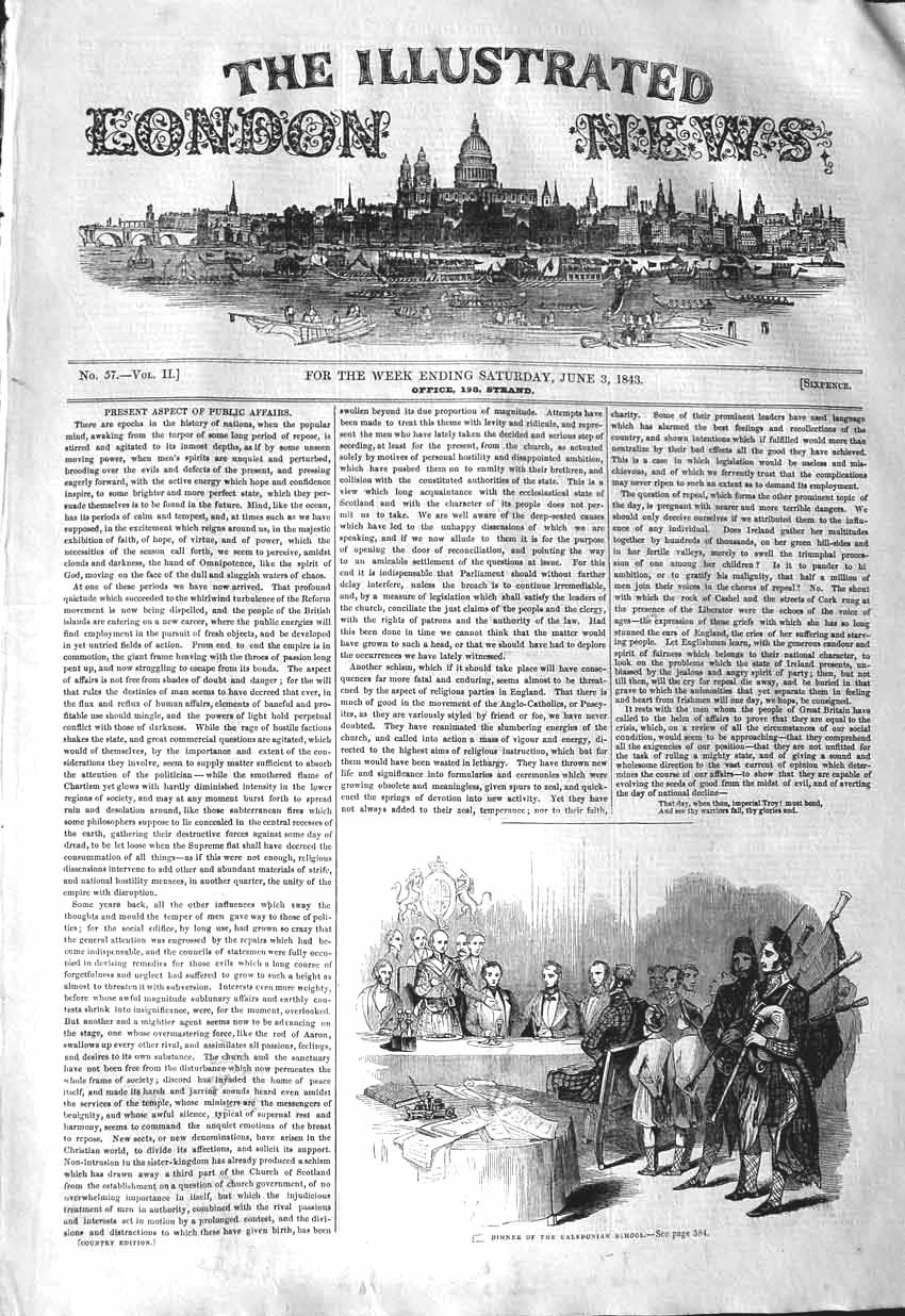 Old Antique Print 1843 Scene Dinner Caledonian School Bagpipes Scotland 19th