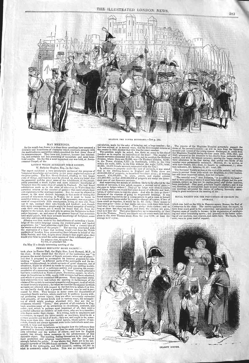 Old Antique Print 1843 London Scene Beating Tower Boundary Charity Dinner 19th