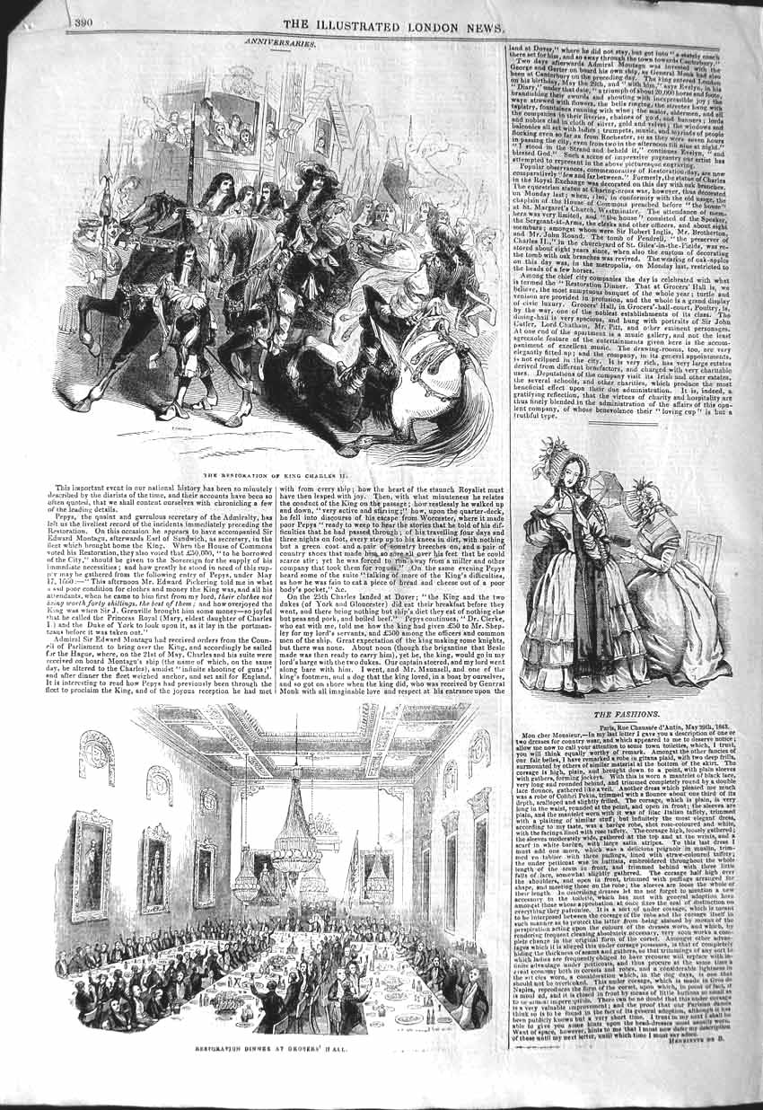 Old Antique Print 1843 Restoration King Charles Ii Dinner George'S Hall 19th