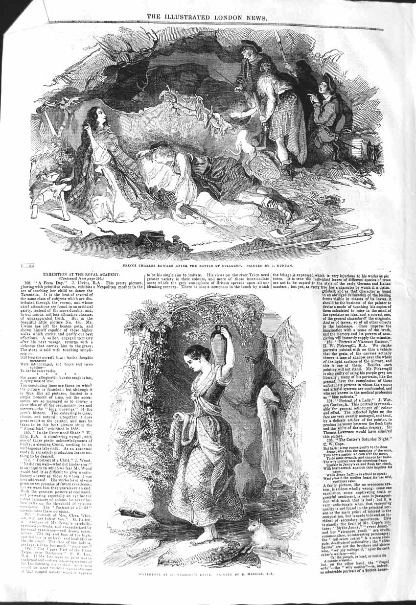 Original Old Antique Print 1843 Prince Charles Battle Culloden Waterfal 19th