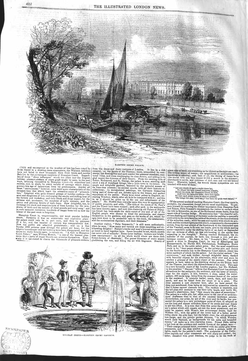 Original Old Antique Print 1843 Hampton Court Palace Boats Holiday Tourists