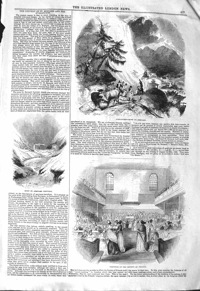 Old Antique Print 1843 Convent Mont St. Bernard Avalanche Society Friends 19th
