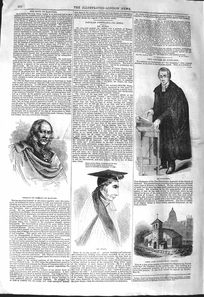 Original Old Antique Print 1843 Chalmers King Hanover Pusey Presbyterian Church