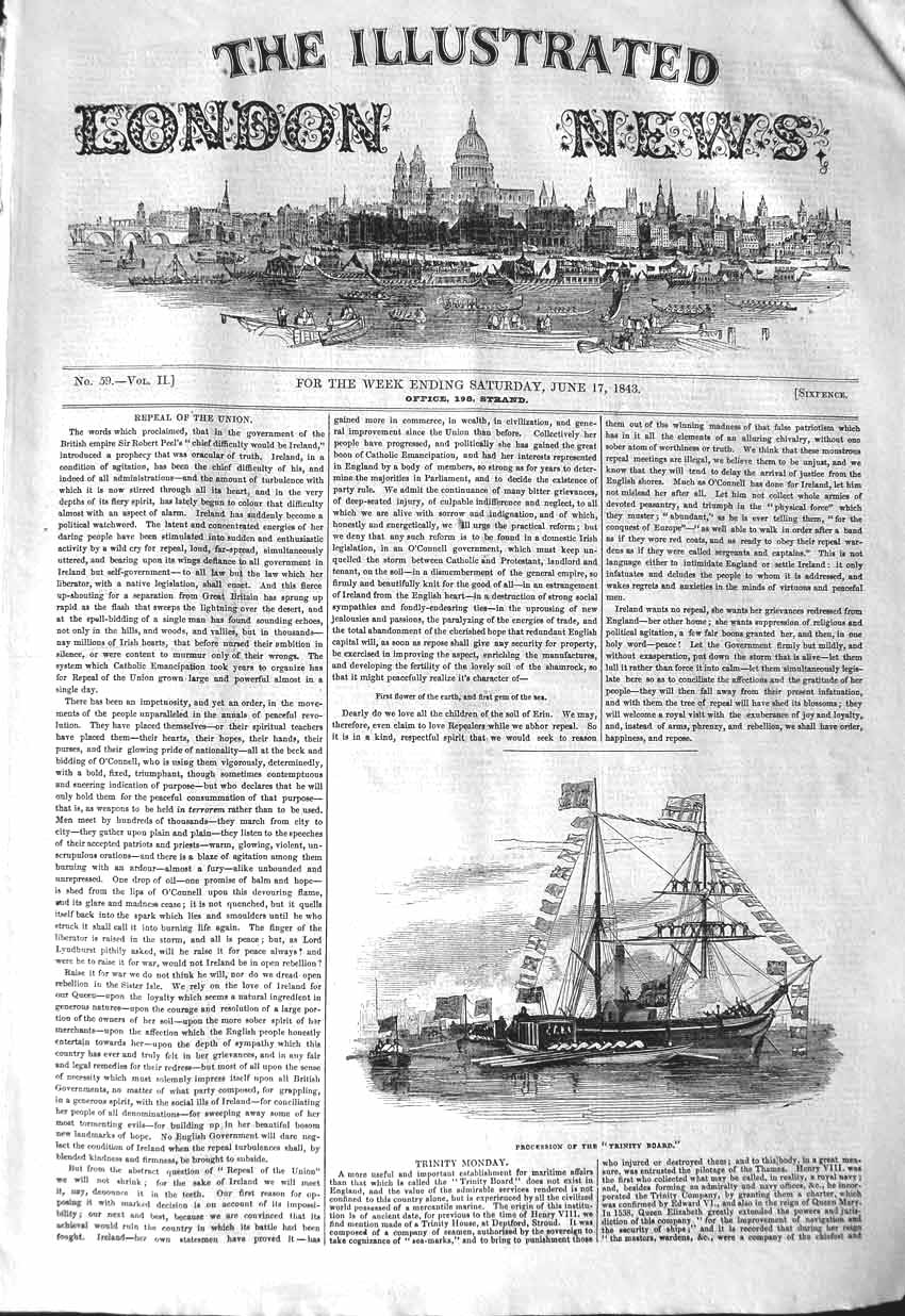 Original Old Antique Print 1843 Procession Trinty Board Ship Flags Victorian