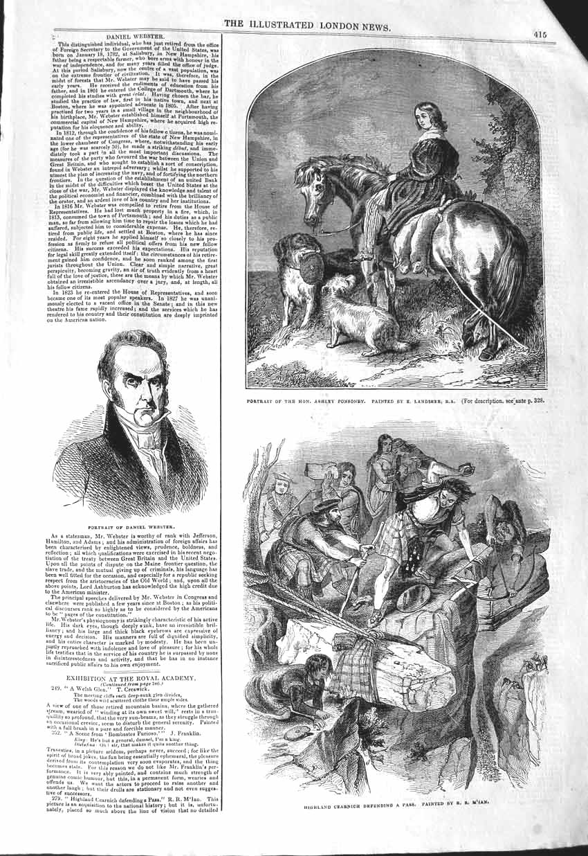 Original Old Antique Print 1843 Daniel Webster Ponsoney Highland Cearnich 19th