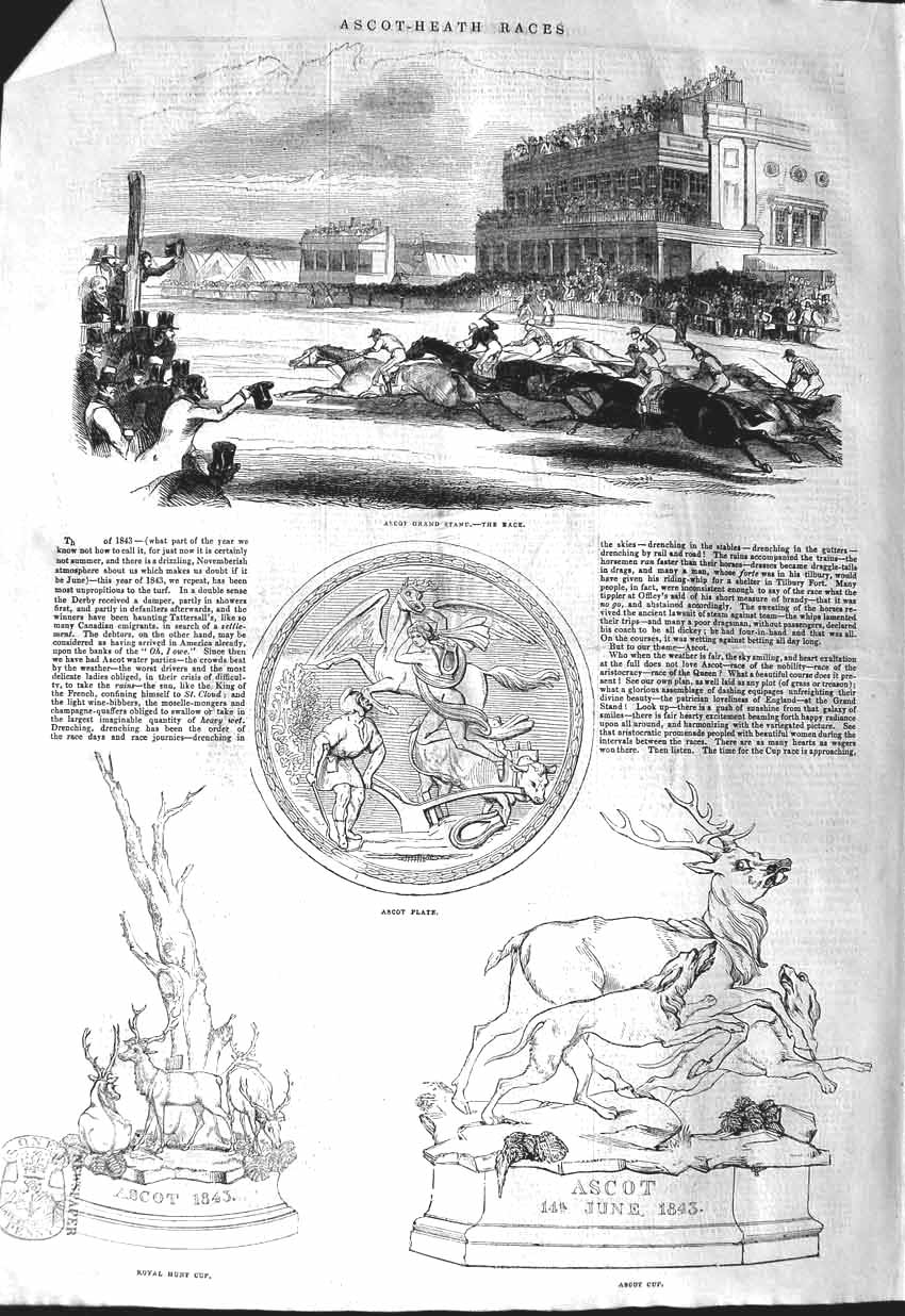 Old Antique Print 1843 Ascot Heath Races Grand Stand Plate Royal Hunt Cup 19th