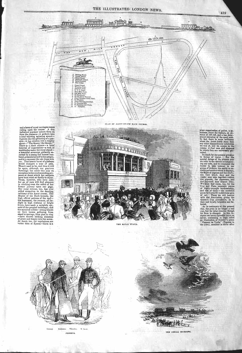 Old Antique Print 1843 Plan Ascot Race Course Royal Stand Jockeys Birds 19th