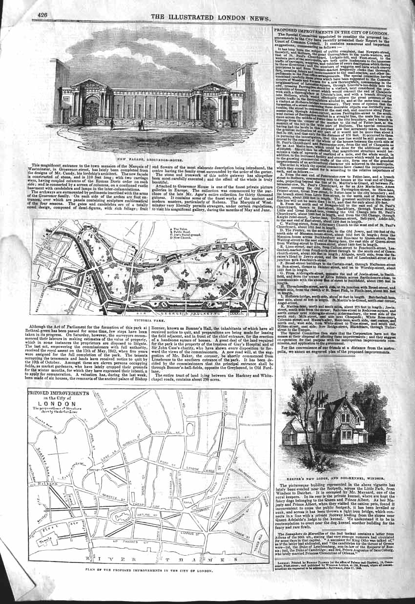 Original Old Antique Print 1843 Grosvenor House Victoria Park London Windsor