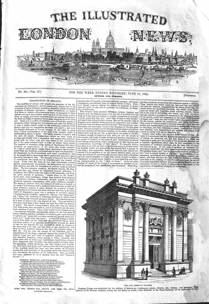 Old Antique Print 1843 Exterior New Gresham College Building Architecture 19th