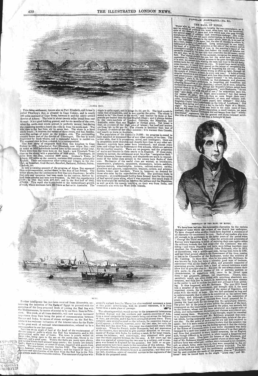Original Old Antique Print 1843 Portrait Earl Ripon Algoa Bay Suez Canal Boats