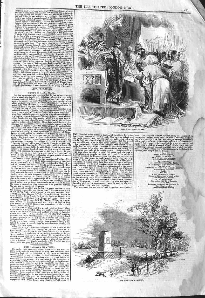 Original Old Antique Print 1843 Scene Signing Magna Carta Hampden Memorial 19th