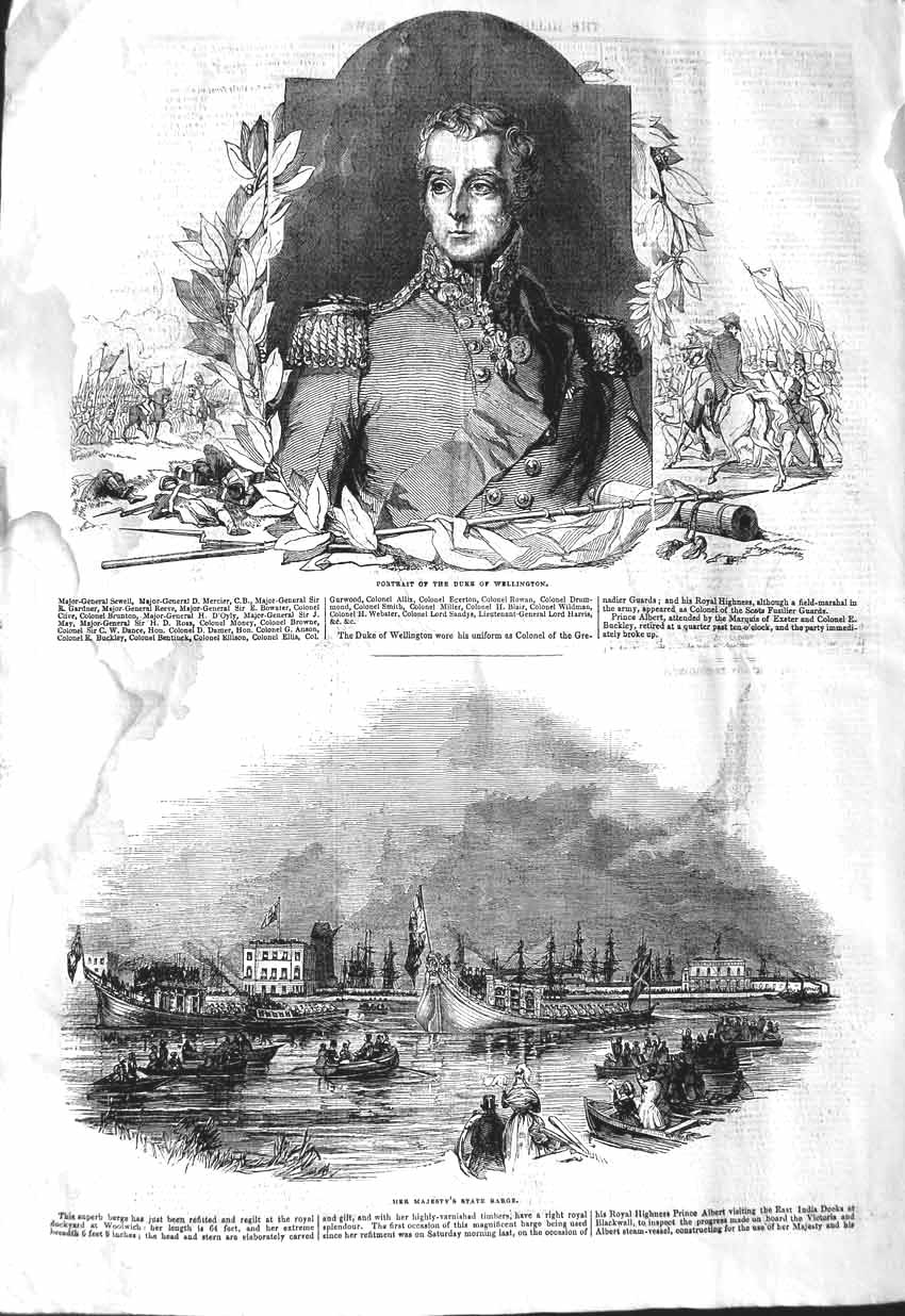 Original Old Antique Print 1843 Portrait Duke Wellington Queen State Bar 19th