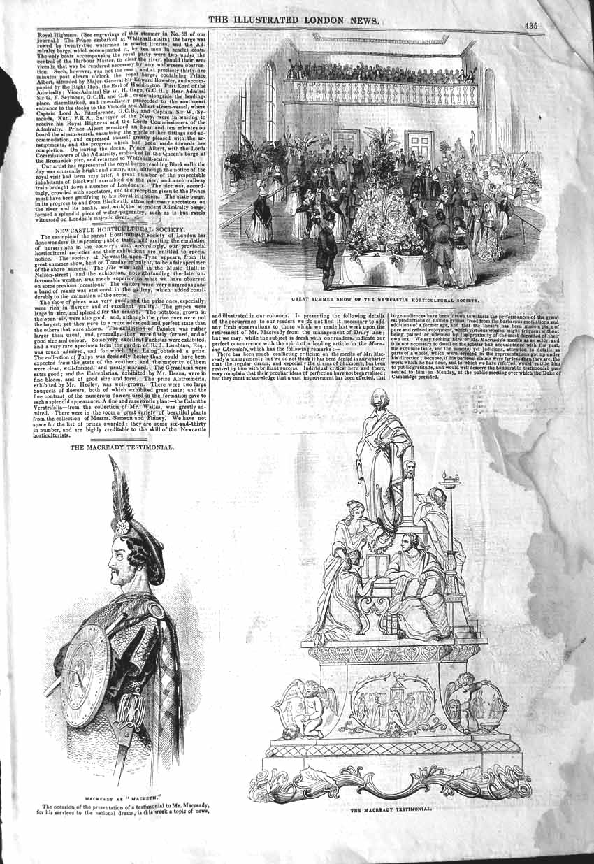 Original Old Antique Print 1843 Show Newcastle Horticultural Macbeath Macready