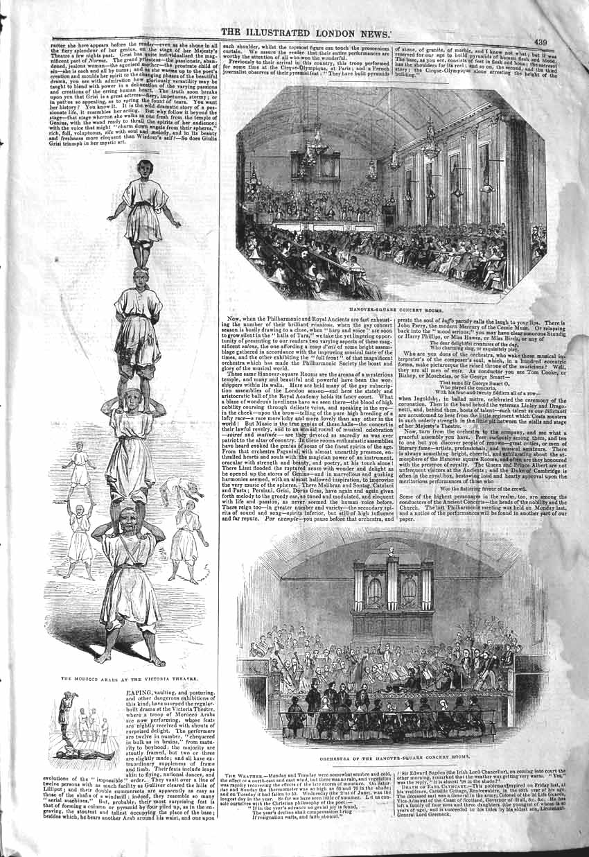 Original Old Antique Print 1843 Morocco Arabs Theatre Hanover-Square Victorian