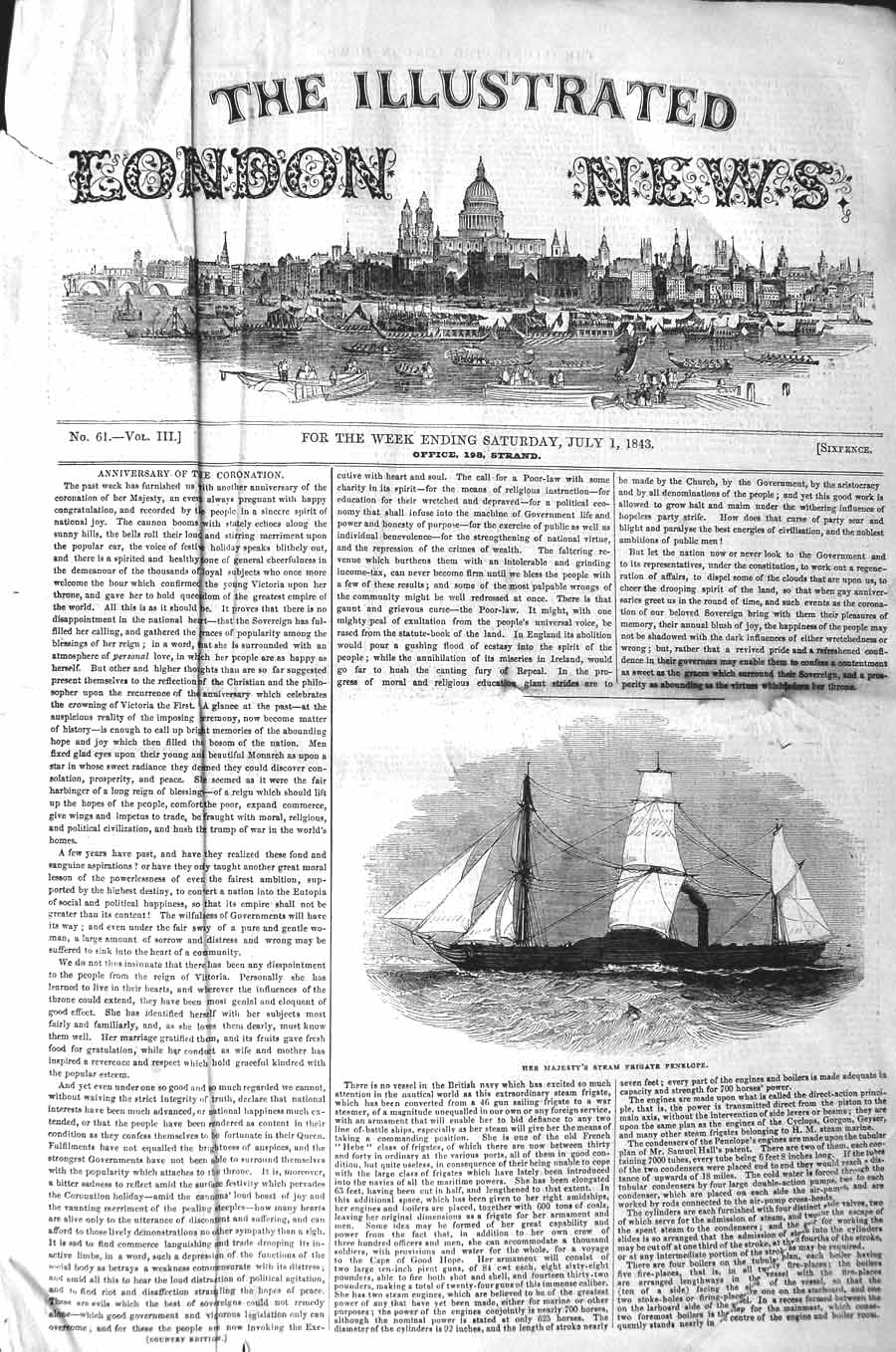 Original Old Antique Print 1843 Her Majesty Queen Steam Friagte Penelope Ship