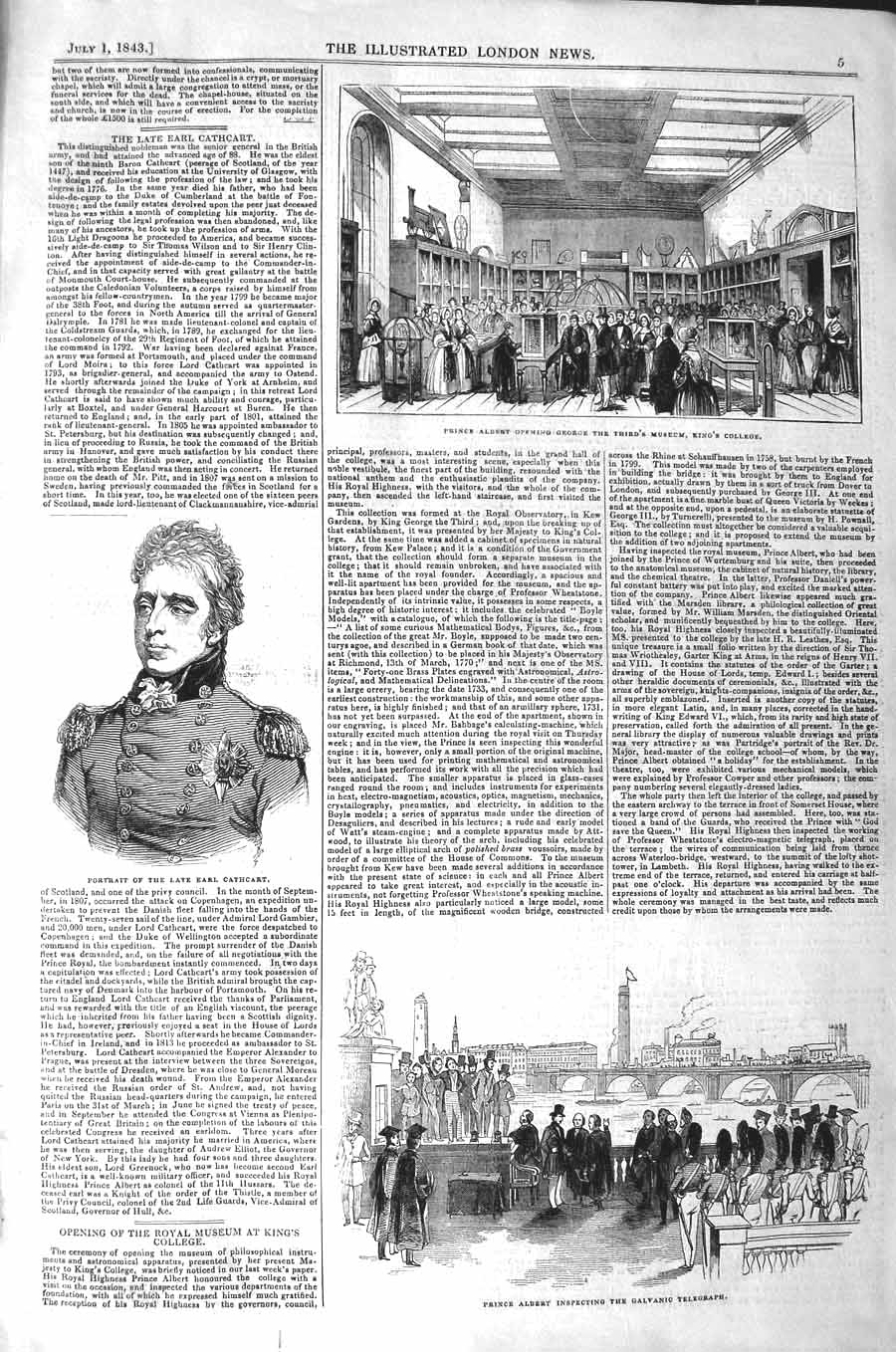 Original Old Antique Print 1843 Earl Cathcart Prince Albert Galvanic Telegraph