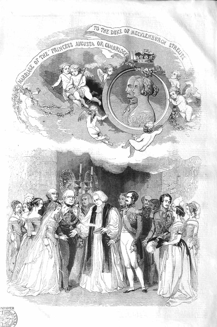 Original Old Antique Print 1843 Marriage Duke Mecklenburgh Princess Augusta