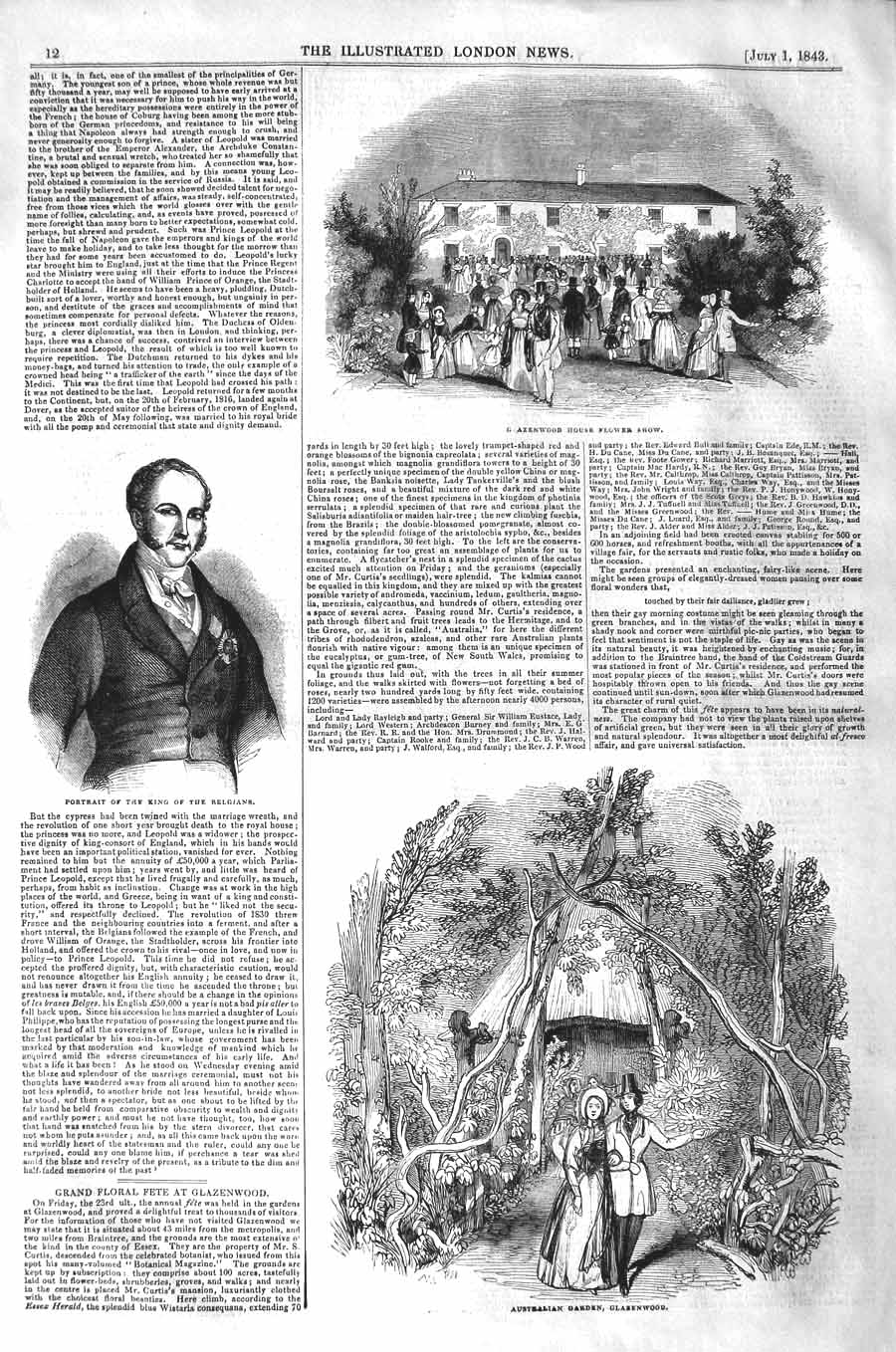 Original Old Antique Print 1843 Azenwood Flower Show King Belgians Glazenwood