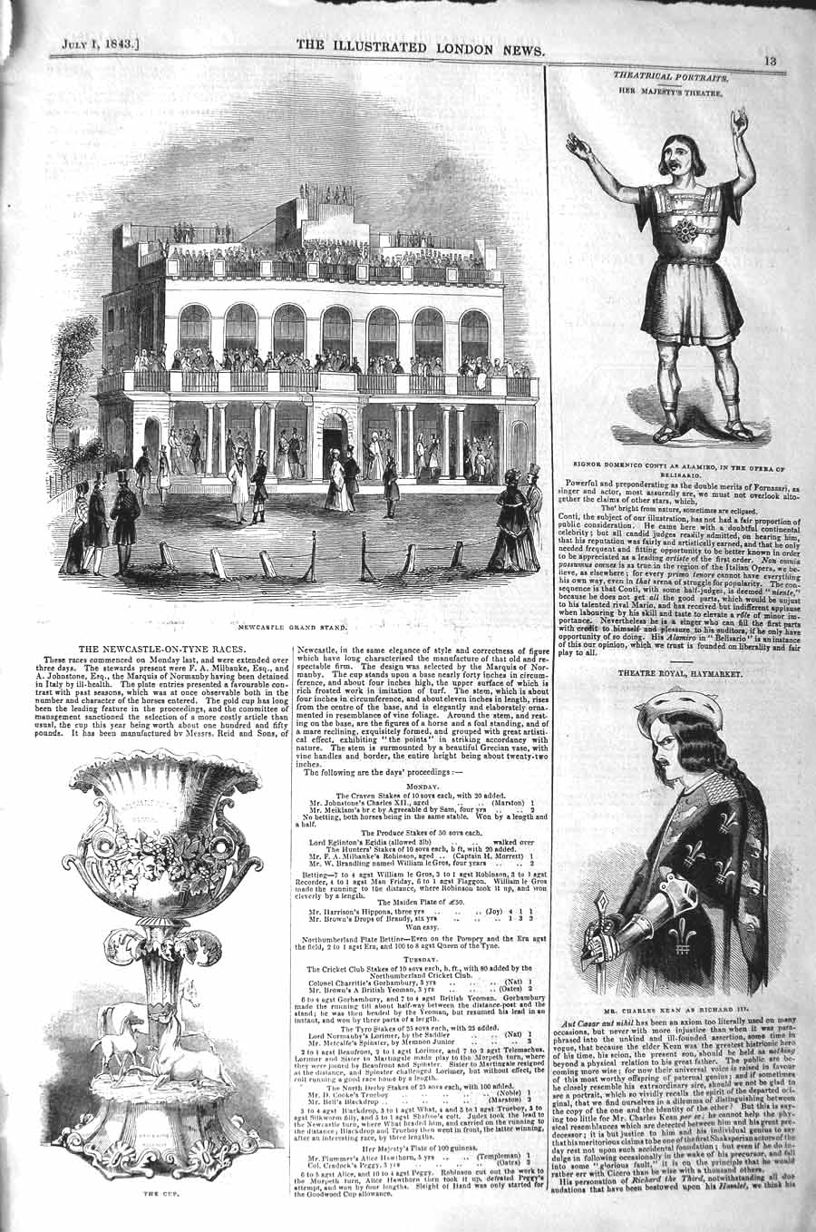 Original Old Antique Print 1843 Newcastle Grand Stand Domenico Conti Opera Kean