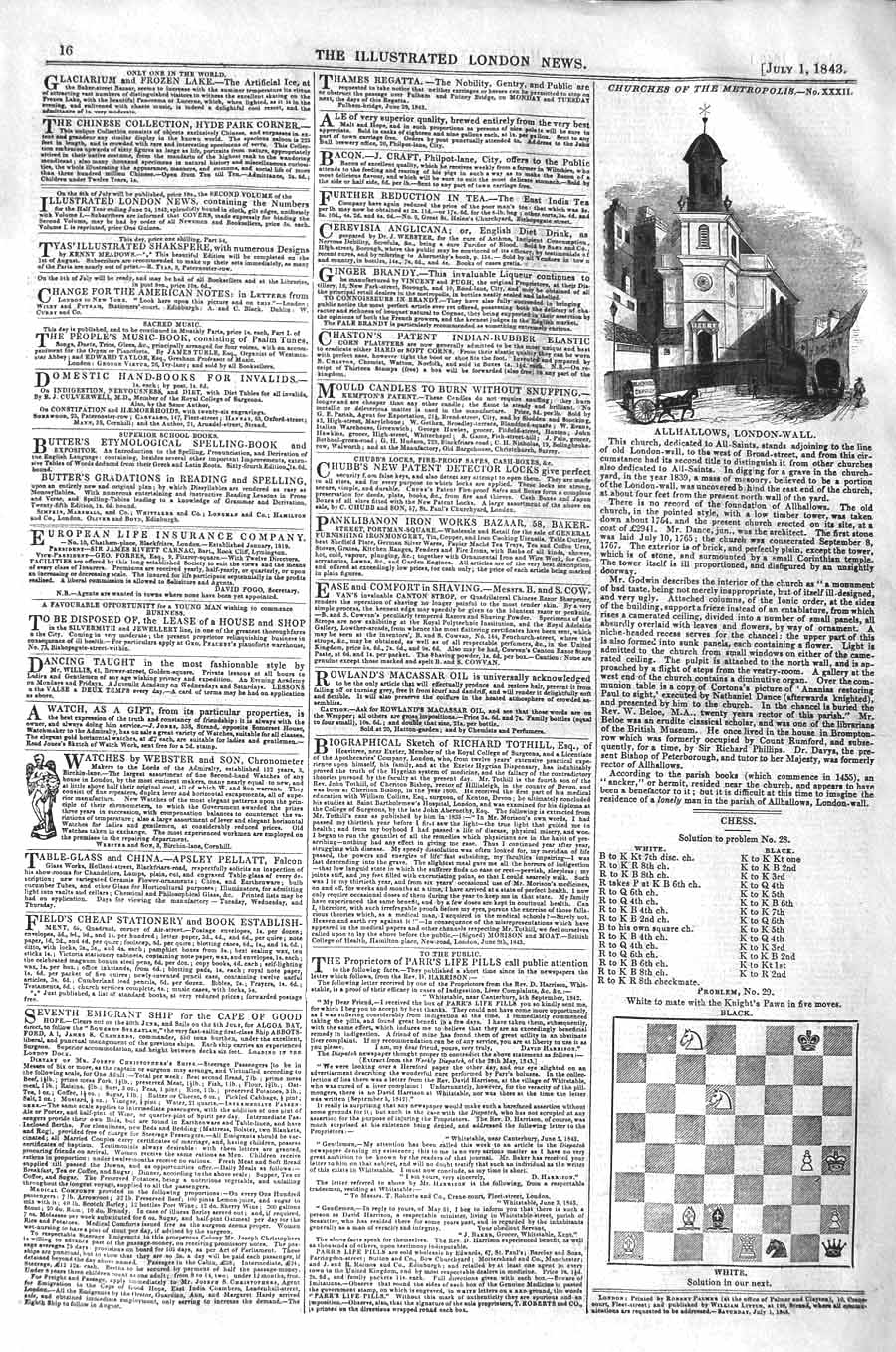 Original Old Antique Print 1843 Metropolis Church Allhallows Lond 19th