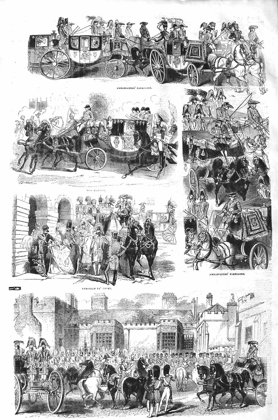 Original Old Antique Print 1843 Ambassadors Carriages Queen Colour Court Palace