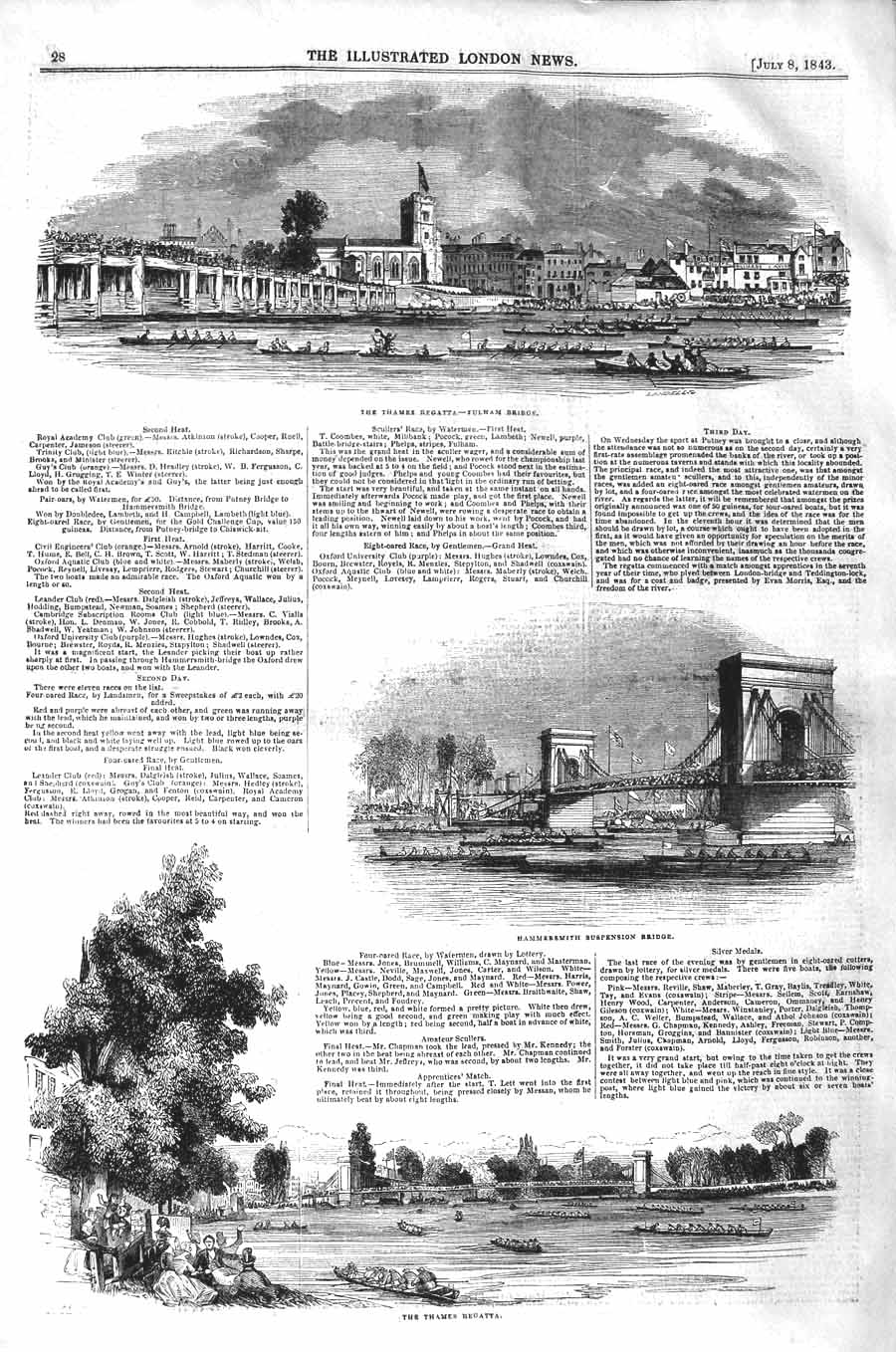 Original Old Antique Print 1843 Thames Regatta Fulham Bridge Hammersmith 19th