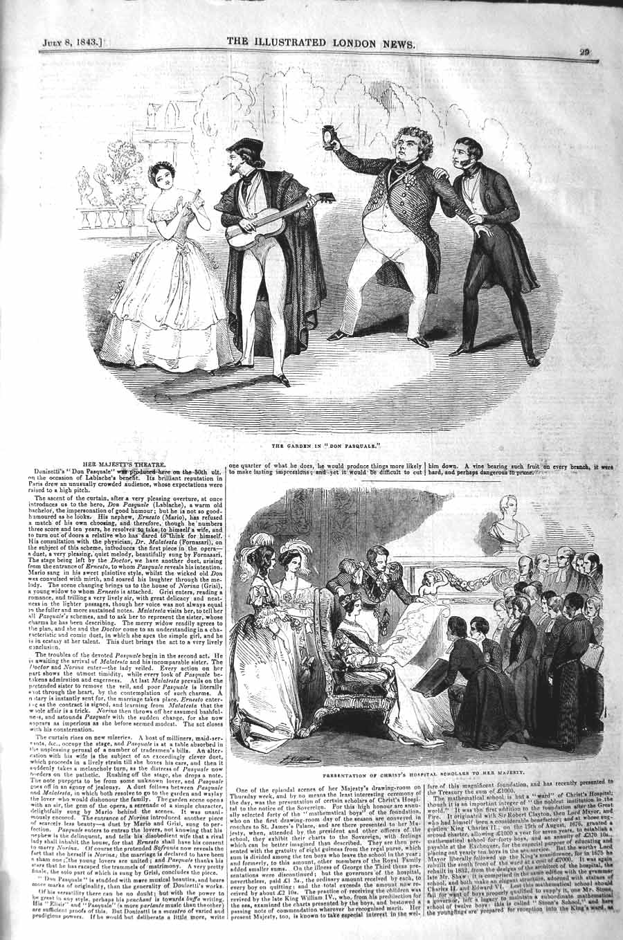 Old Antique Print 1843 Garden Don Pasquale Christ Hospital Scholars Queen 19th