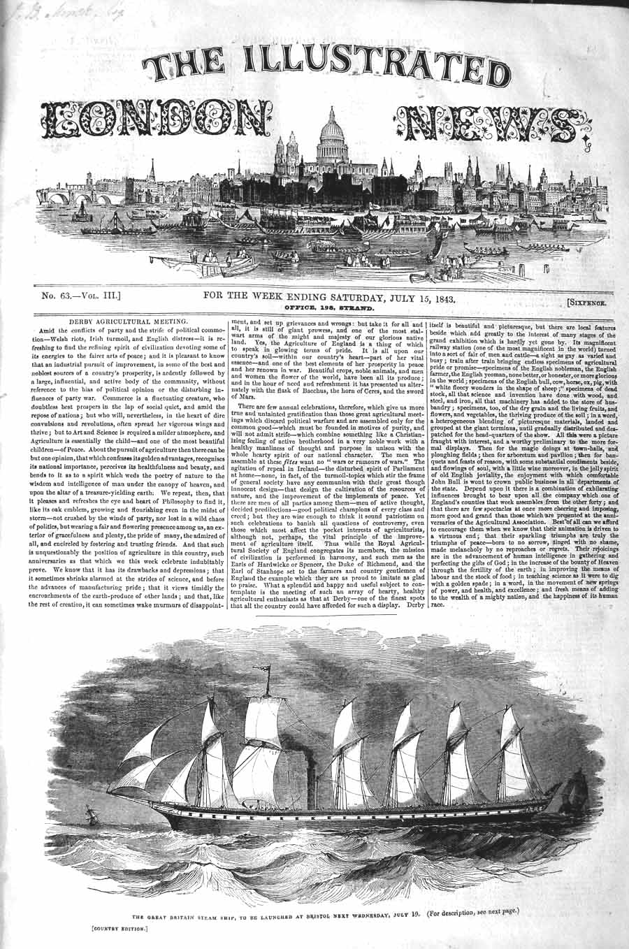 Original Old Antique Print 1843 Great Britain Steam Ship Bristol 19th