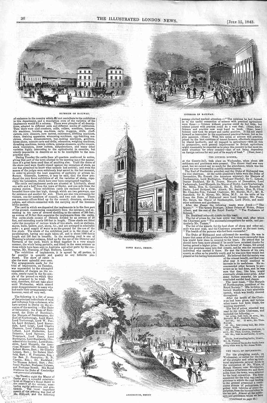 Original Old Antique Print 1843 Exterior Railway Town Hall Derby Arboret 19th