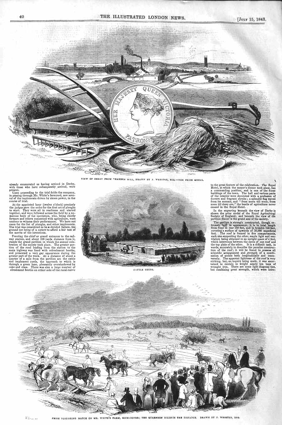 Original Old Antique Print 1843 Derby Hadden Cattle Sheds Ploughing Mickleover