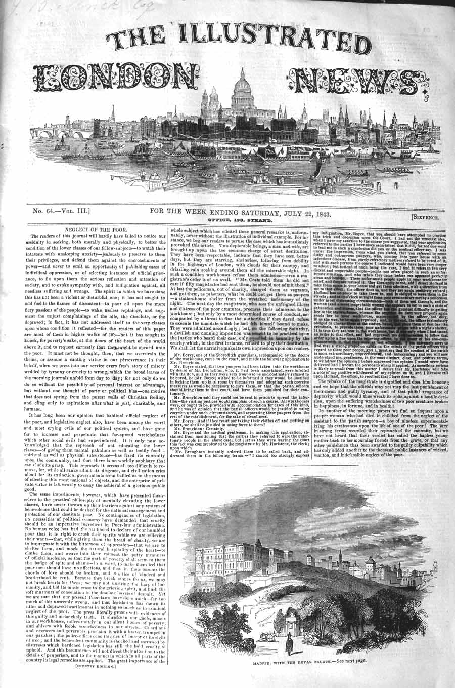 Original Old Antique Print 1843 View Madrid Royal Palace Spain Buildings Trees