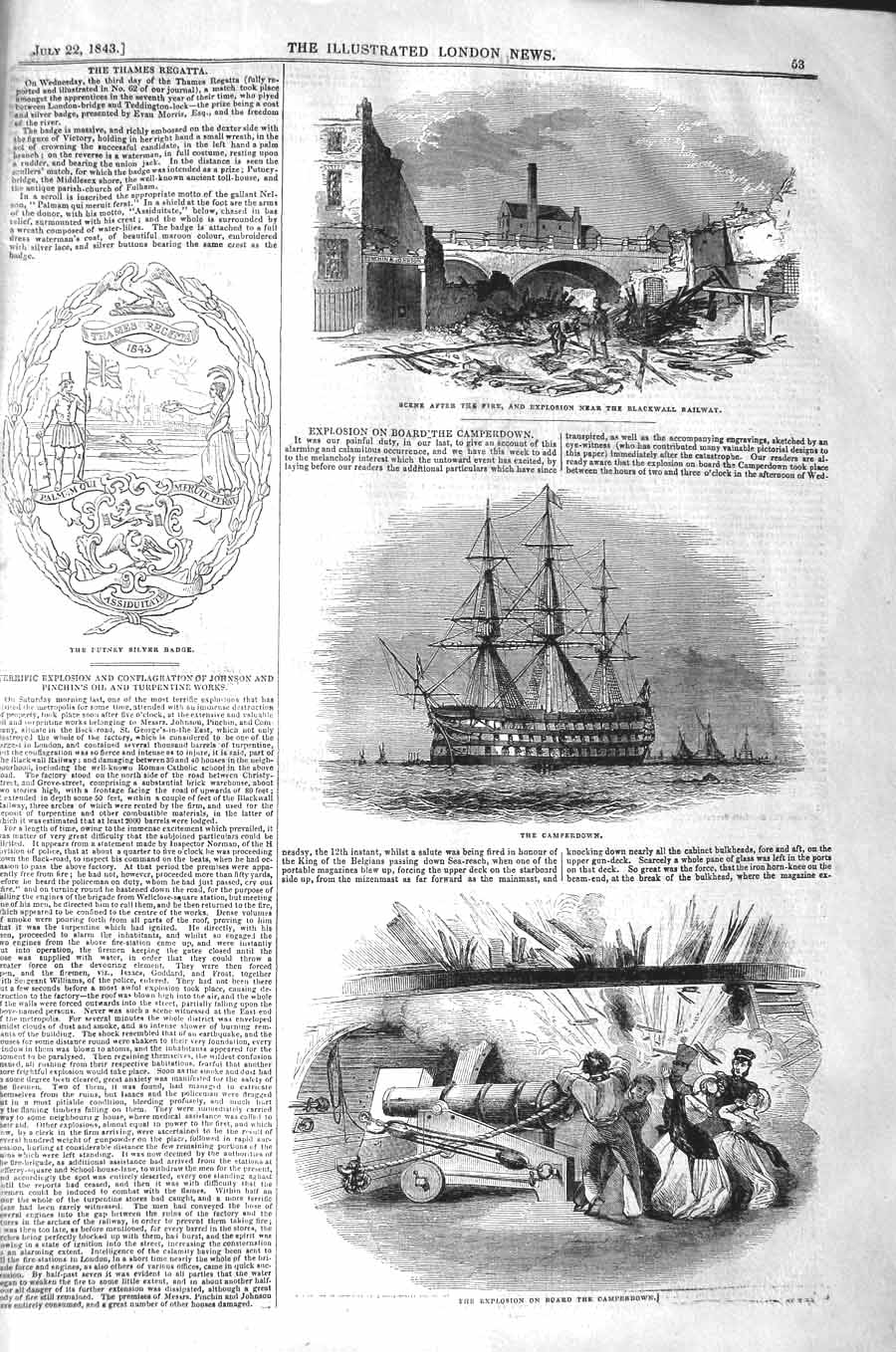 Original Old Antique Print 1843 Camperdown Ship Putney Badge Blackwall 19th
