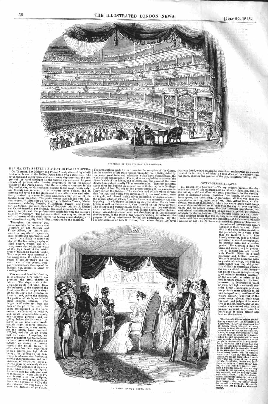 Original Old Antique Print 1843 Interior Italian Opera House Royal Box 19th