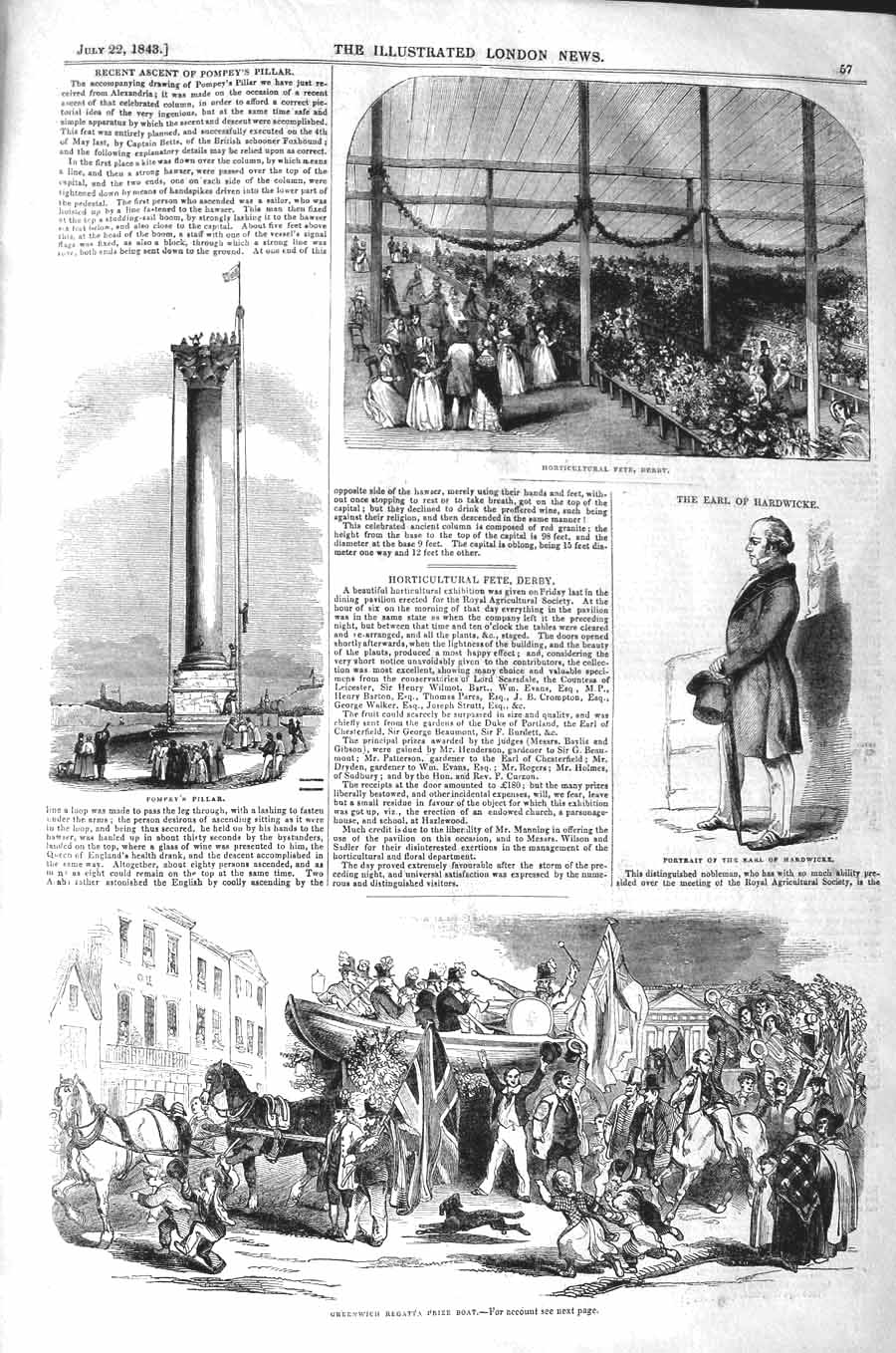 Old Antique Print 1843 Pompey Pillar Earl Hardwicke Derby Greenwich Boat 19th
