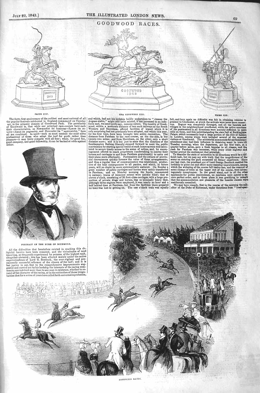 Original Old Antique Print 1843 Goodwood Horse Races Duke Richmond Prize Cup