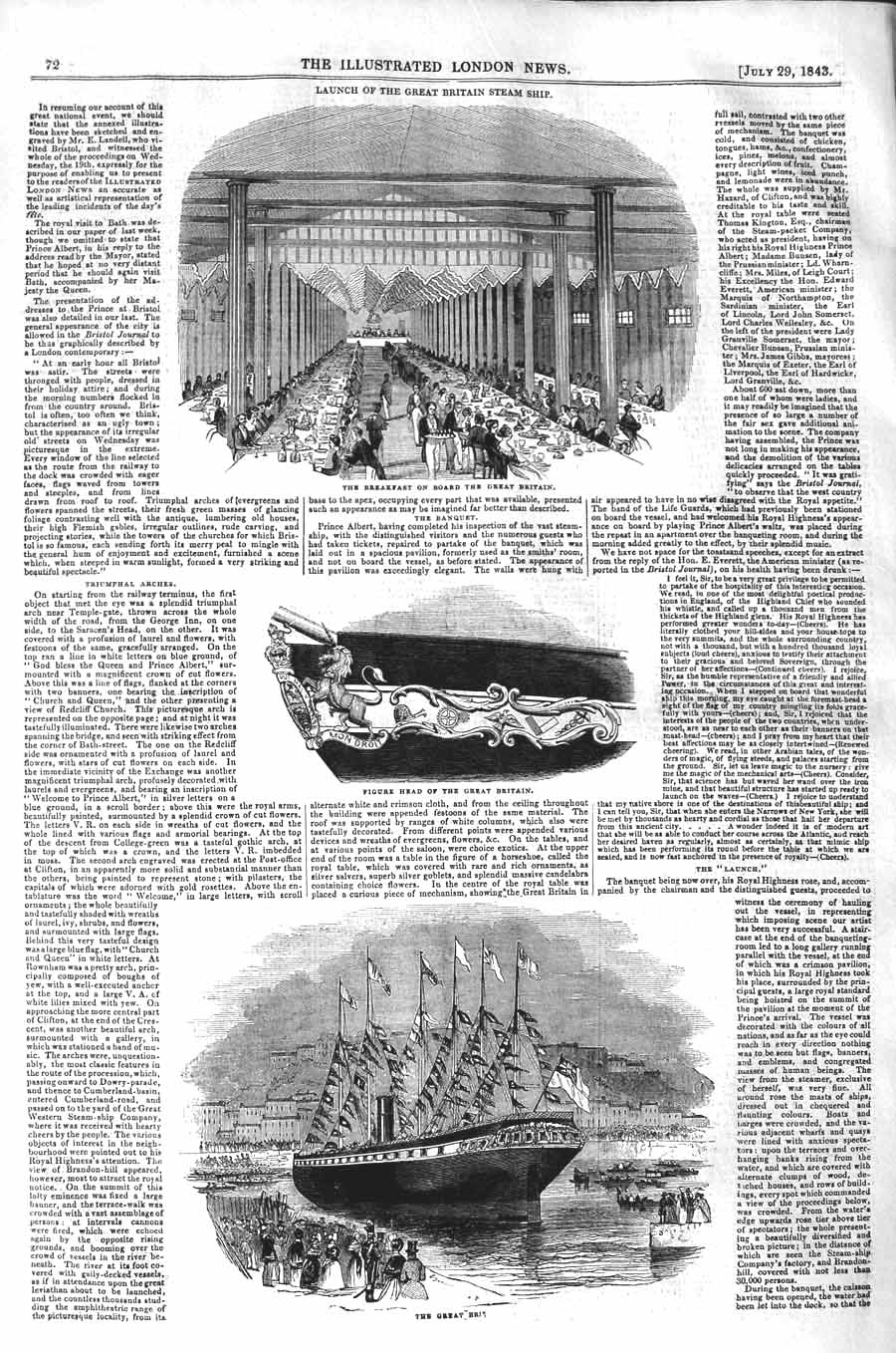 Original Old Antique Print 1843 Great Britain Steam Ship Figure Head Br 19th
